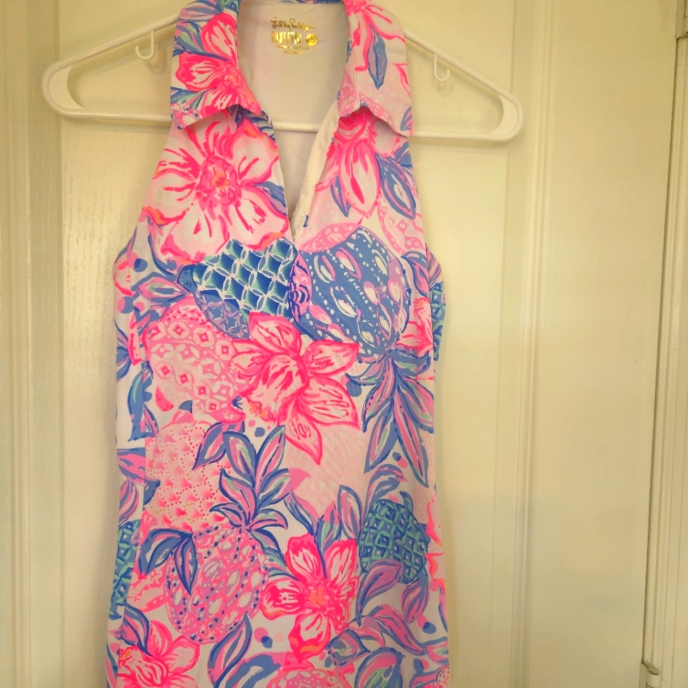 EUC Lilly Pulitzer Meryl Lakelyn Bra Polo UPF 50 Pink Isle Snappy Turtle Top.